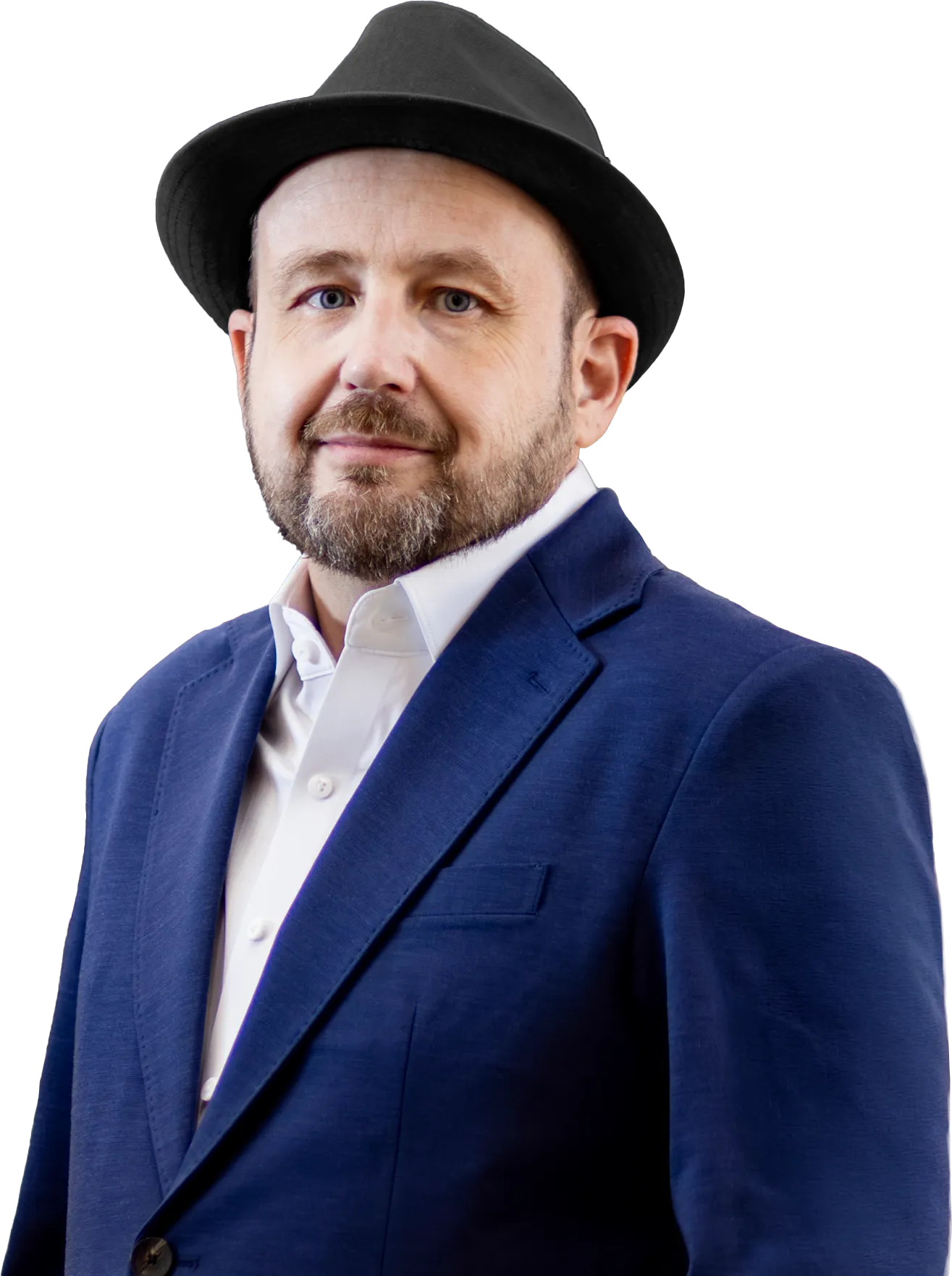 Jamie Simpson in a navy blazer and black fedora